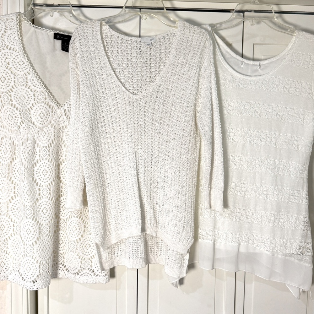 Women's White Tunic Tops Small INC J Jill Crochet Lace Short Sleeve BUNDLE of 3